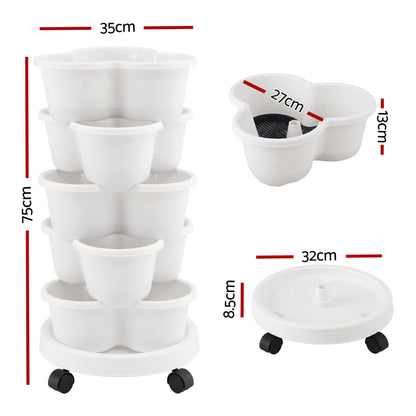 Green Fingers 5 Tier Vertical Garden Planter, Stackable Planters with Wheels, White, Garden Bed, Garden Tower GARDEN-5T-WH