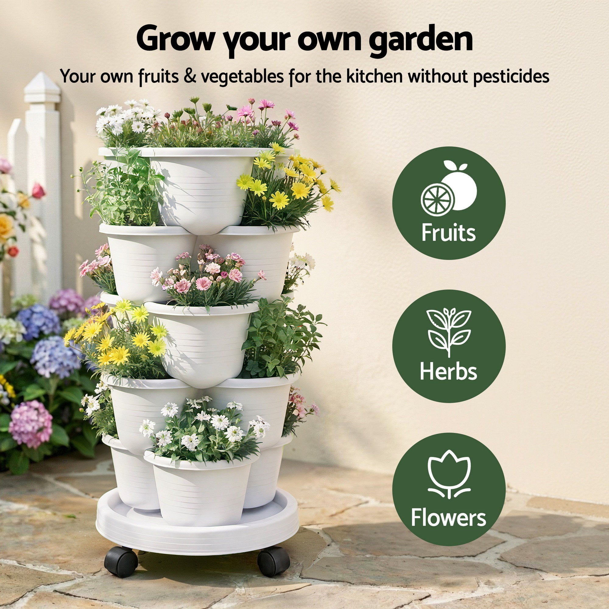 Green Fingers 5 Tier Vertical Garden Planter, Stackable Planters with Wheels, White, Garden Bed, Garden Tower GARDEN-5T-WH