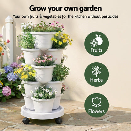 Green Fingers 5 Tier Vertical Garden Planter, Stackable Planters with Wheels, White, Garden Bed, Garden Tower GARDEN-5T-WH