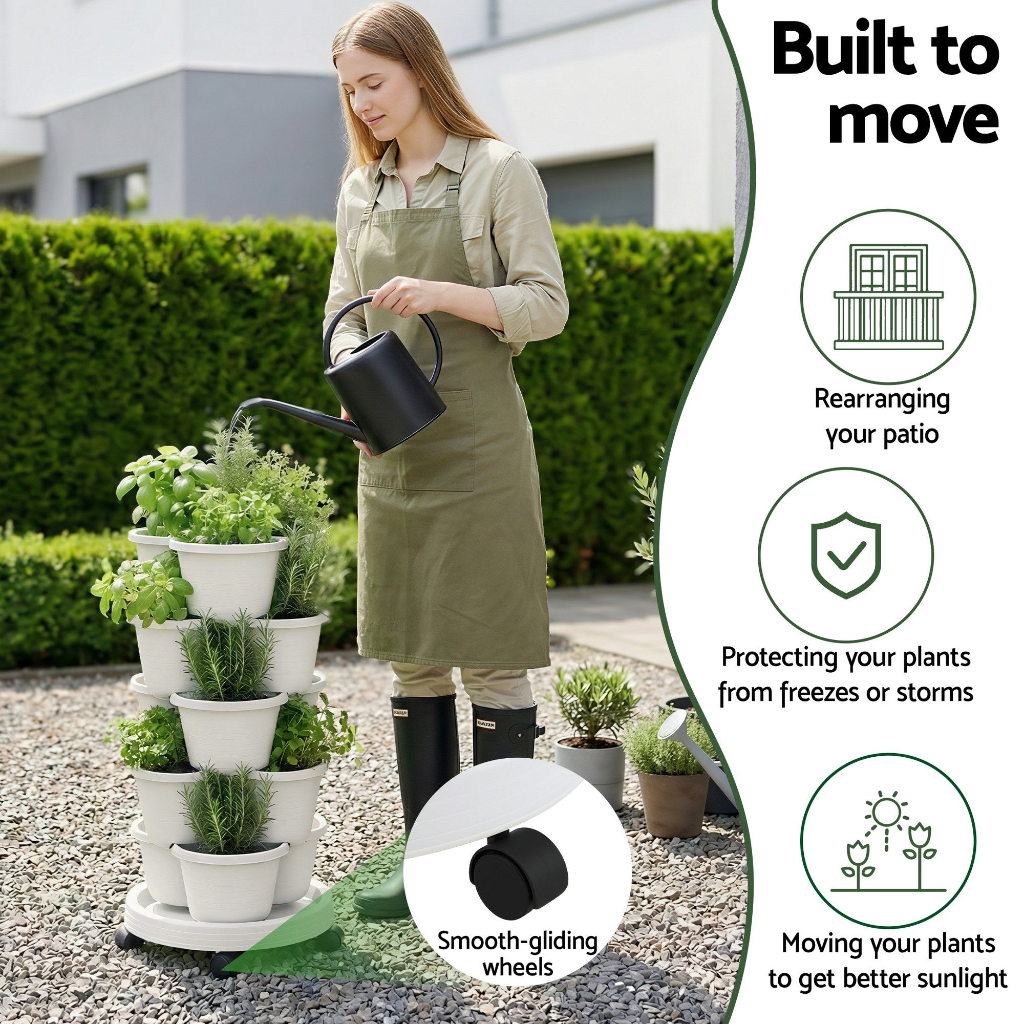 Green Fingers 5 Tier Vertical Garden Planter, Stackable Planters with Wheels, White, Garden Bed, Garden Tower GARDEN-5T-WH