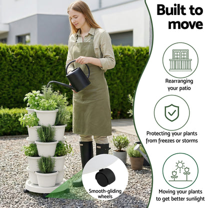 Green Fingers 5 Tier Vertical Garden Planter, Stackable Planters with Wheels, White, Garden Bed, Garden Tower GARDEN-5T-WH