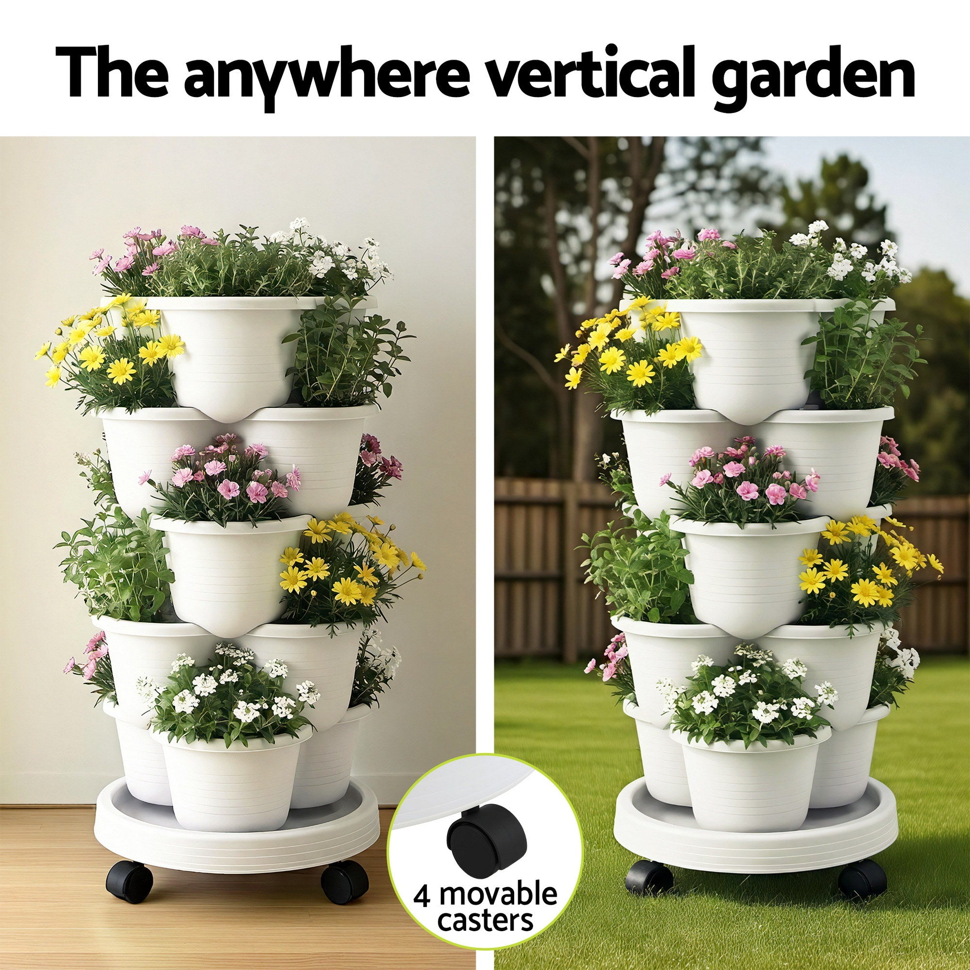 Green Fingers 5 Tier Vertical Garden Planter, Stackable Planters with Wheels, White, Garden Bed, Garden Tower GARDEN-5T-WH