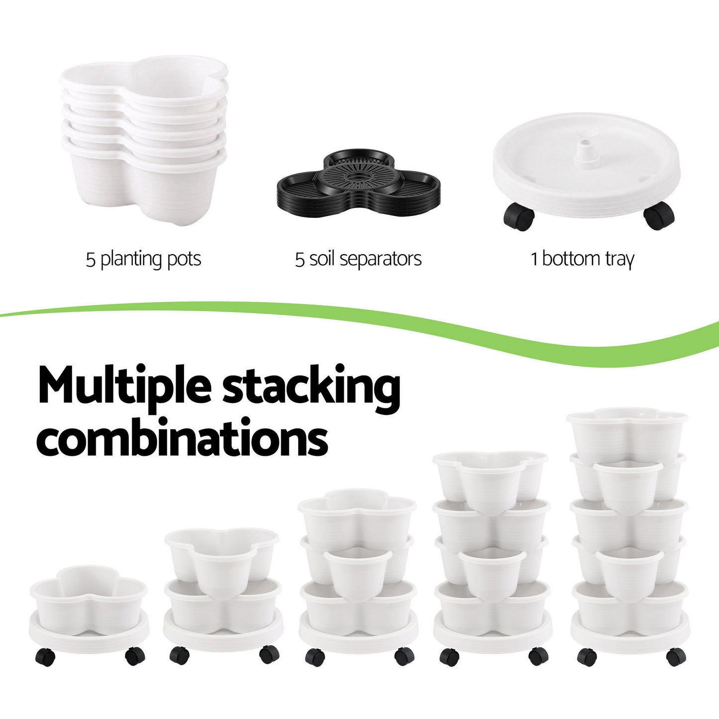 Green Fingers 5 Tier Vertical Garden Planter, Stackable Planters with Wheels, White, Garden Bed, Garden Tower GARDEN-5T-WH
