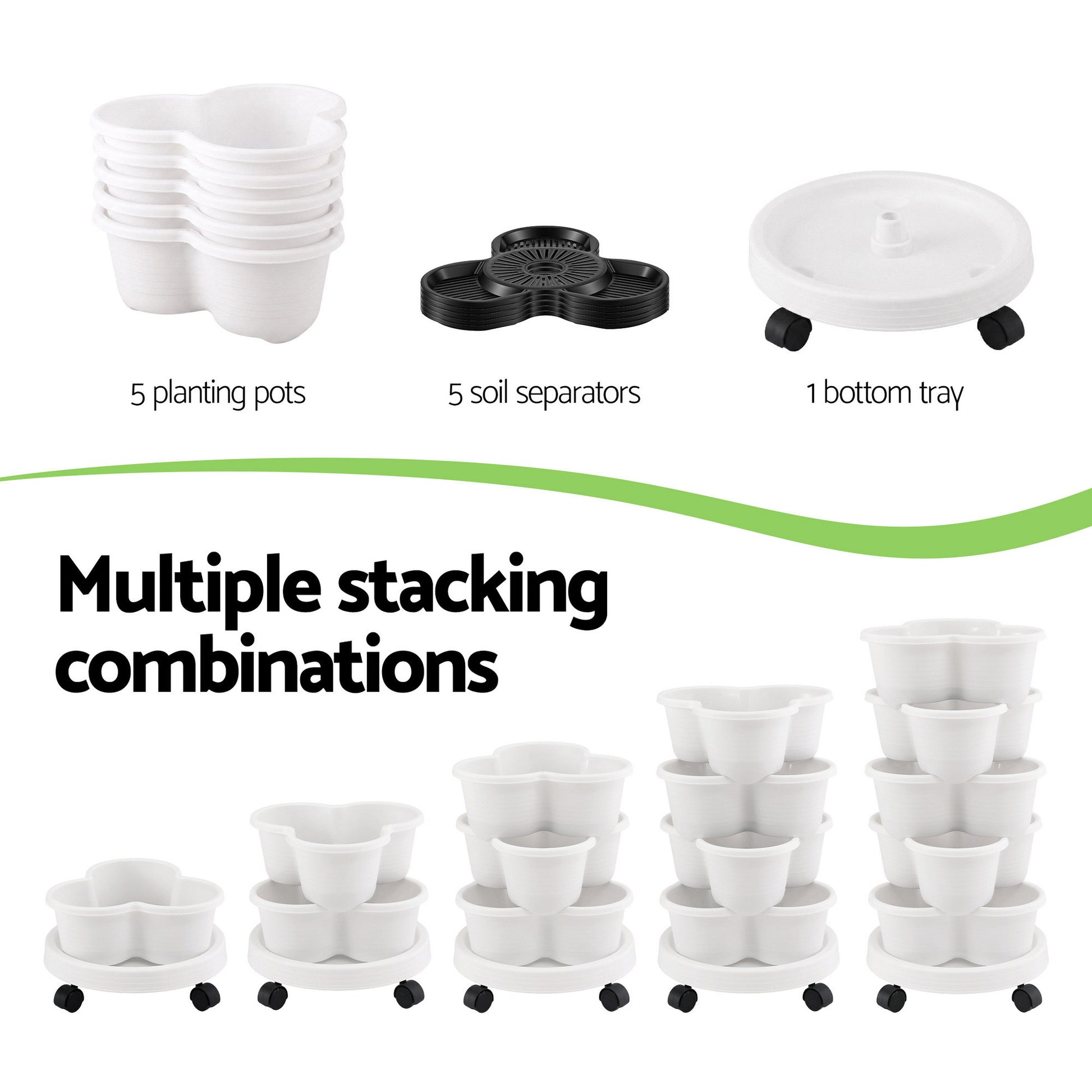 Green Fingers 5 Tier Vertical Garden Planter, Stackable Planters with Wheels, White, Garden Bed, Garden Tower GARDEN-5T-WH