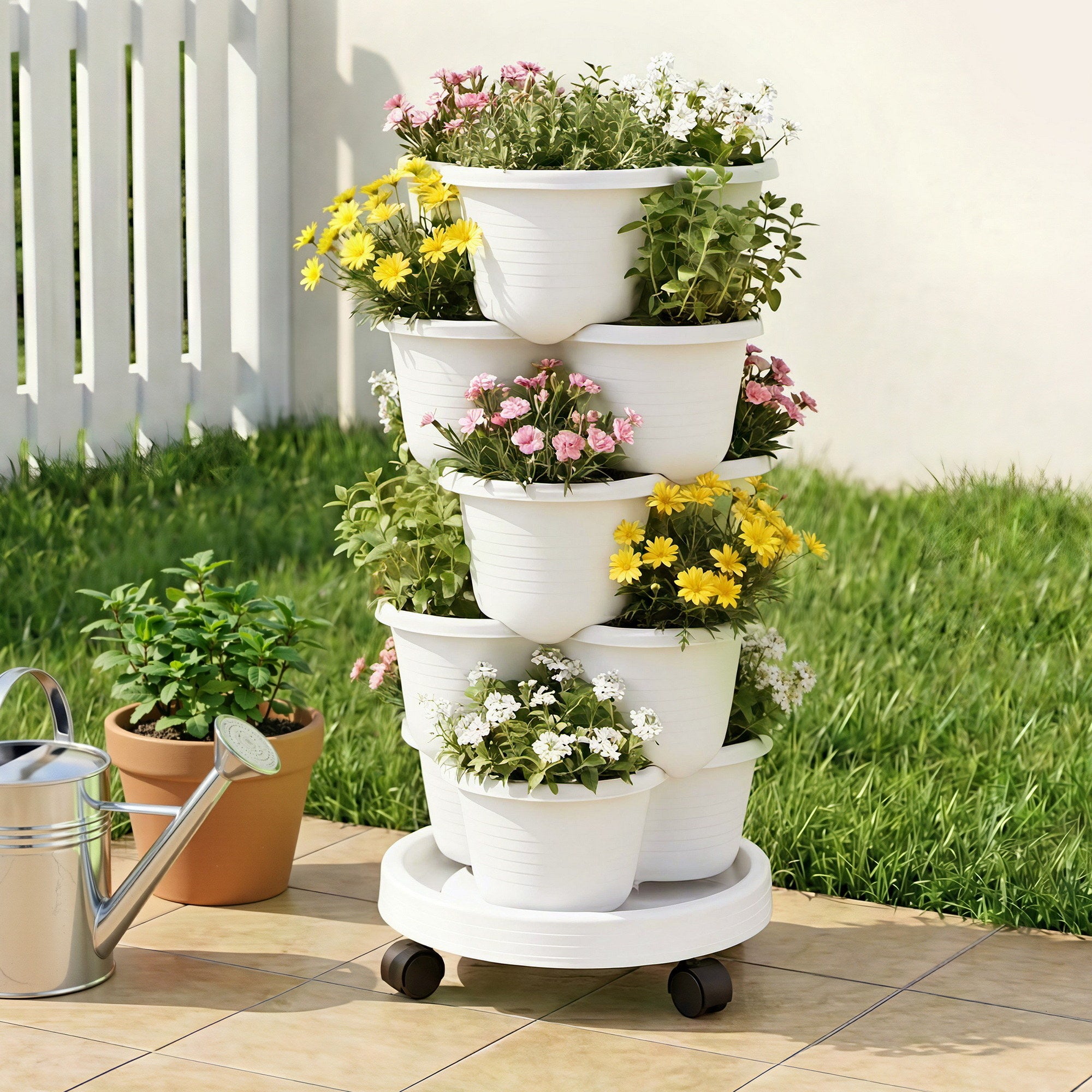Green Fingers 5 Tier Vertical Garden Planter, Stackable Planters with Wheels, White, Garden Bed, Garden Tower GARDEN-5T-WH