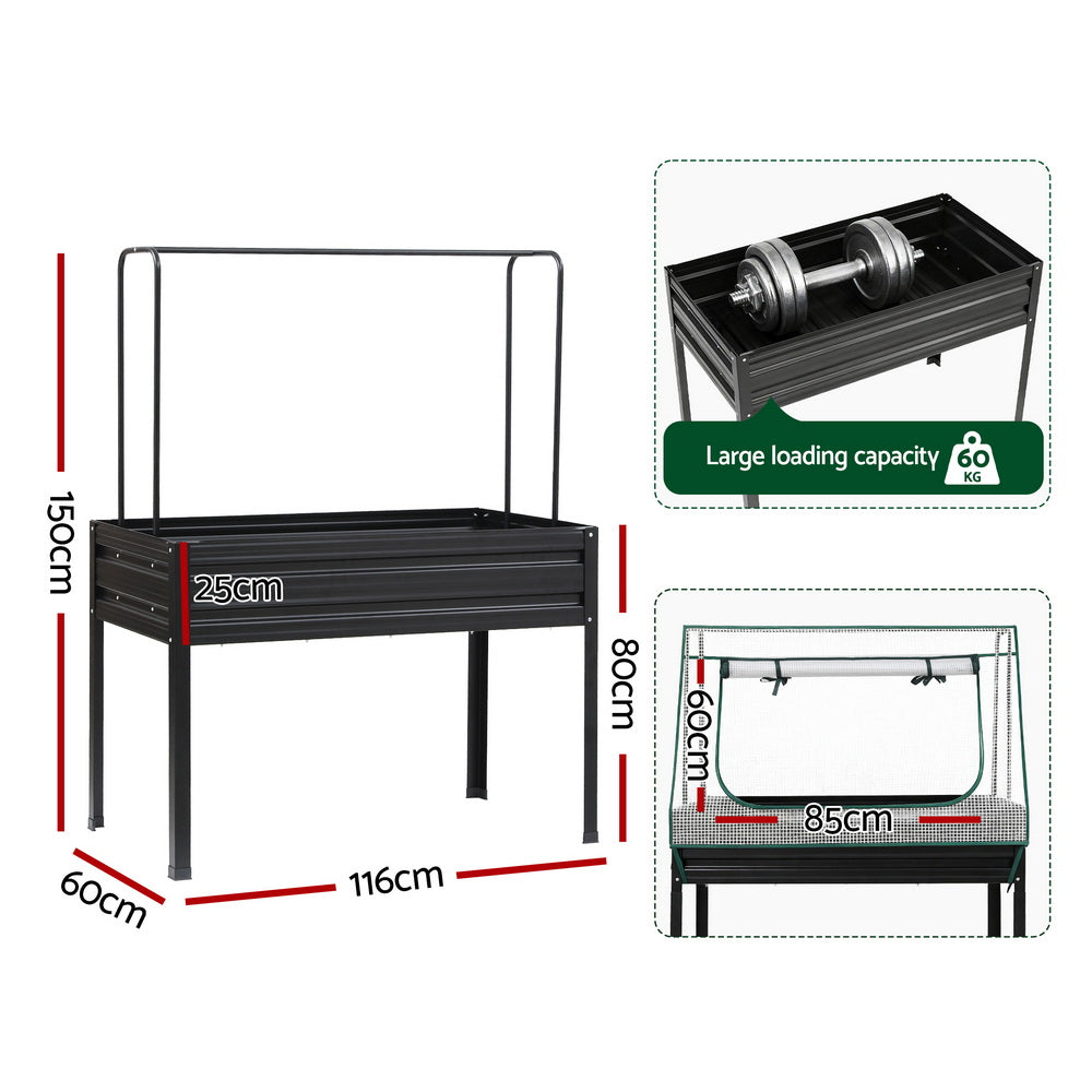 Green Fingers Elevated Metal Garden Bed Kit w Mini Greenhouse Cover 116x60cm Stand-Up Height Trellis GARDEN-AG-80-COVER