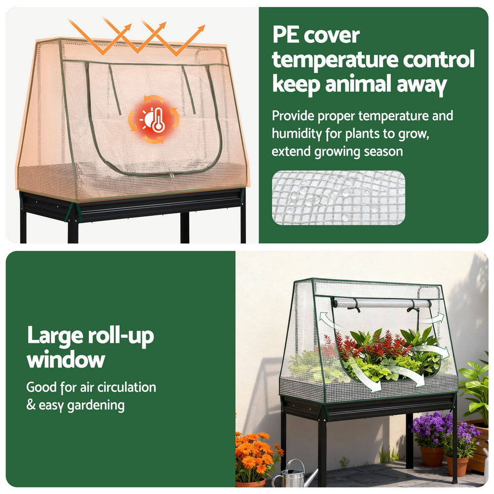 Green Fingers Elevated Metal Garden Bed Kit w Mini Greenhouse Cover 116x60cm Stand-Up Height Trellis GARDEN-AG-80-COVER