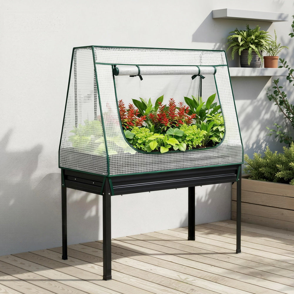 Green Fingers Elevated Metal Garden Bed Kit w Mini Greenhouse Cover 116x60cm Stand-Up Height Trellis GARDEN-AG-80-COVER