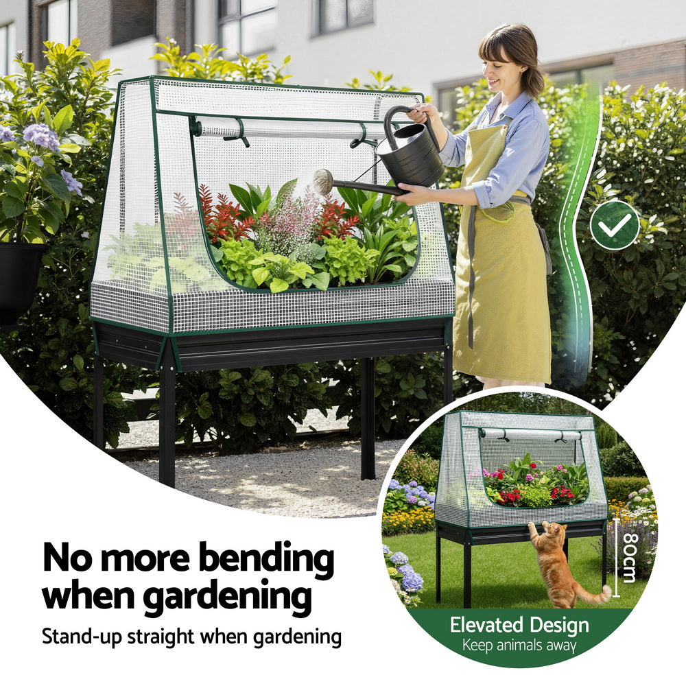 Green Fingers Elevated Metal Garden Bed Kit w Mini Greenhouse Cover 116x60cm Stand-Up Height Trellis GARDEN-AG-80-COVER