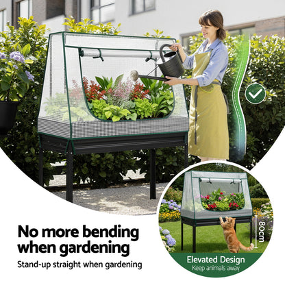 Green Fingers Elevated Metal Garden Bed Kit w Mini Greenhouse Cover 116x60cm Stand-Up Height Trellis GARDEN-AG-80-COVER