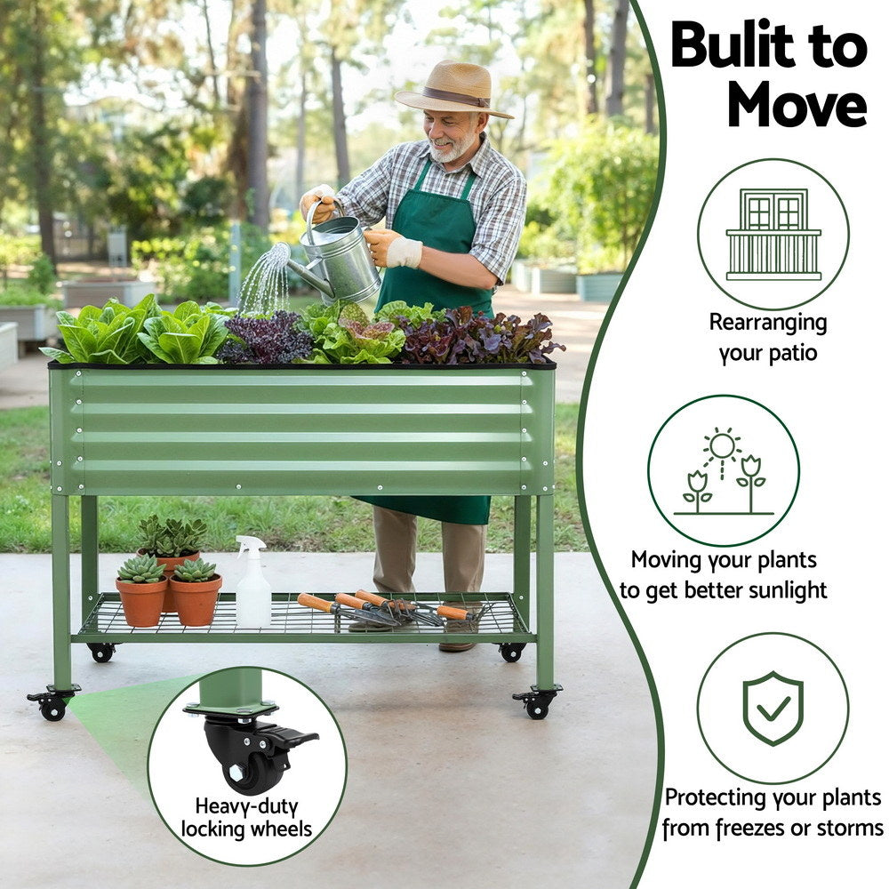 Green Fingers Elevated Raised Garden Bed Kit Mobile w/ Locking Wheels & Storage Shelf 100KG Max Load GARDEN-AG-PLAT-WLS