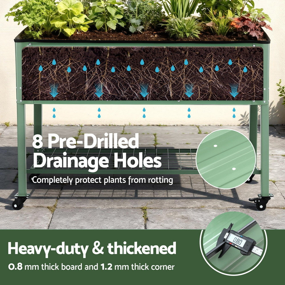 Green Fingers Elevated Raised Garden Bed Kit Mobile w/ Locking Wheels & Storage Shelf 100KG Max Load GARDEN-AG-PLAT-WLS