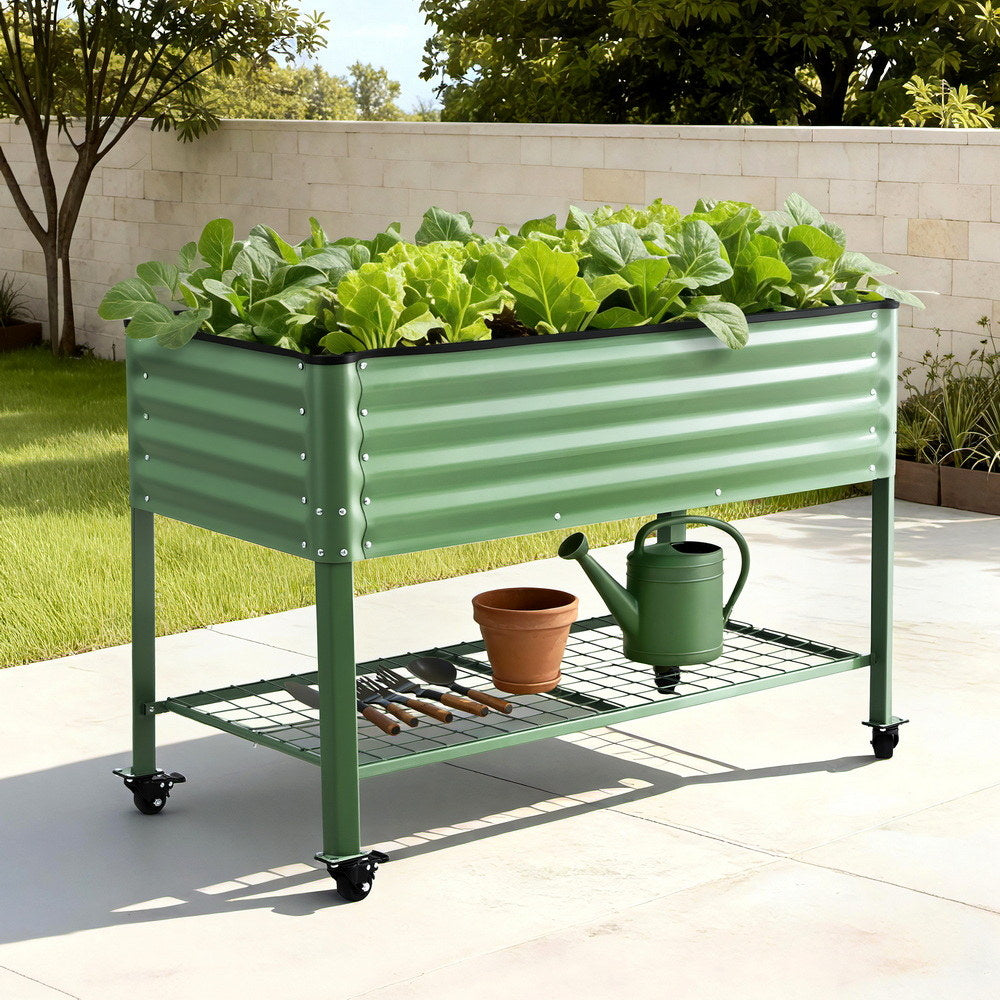 Green Fingers Elevated Raised Garden Bed Kit Mobile w/ Locking Wheels & Storage Shelf 100KG Max Load GARDEN-AG-PLAT-WLS
