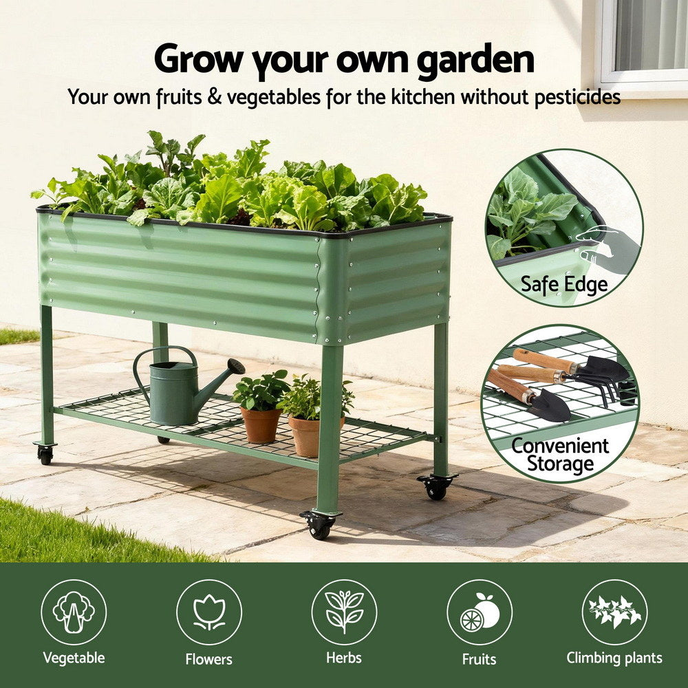 Green Fingers Elevated Raised Garden Bed Kit Mobile w/ Locking Wheels & Storage Shelf 100KG Max Load GARDEN-AG-PLAT-WLS