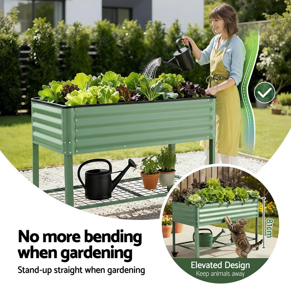 Green Fingers Elevated Raised Garden Bed Kit Mobile w/ Locking Wheels & Storage Shelf 100KG Max Load GARDEN-AG-PLAT-WLS