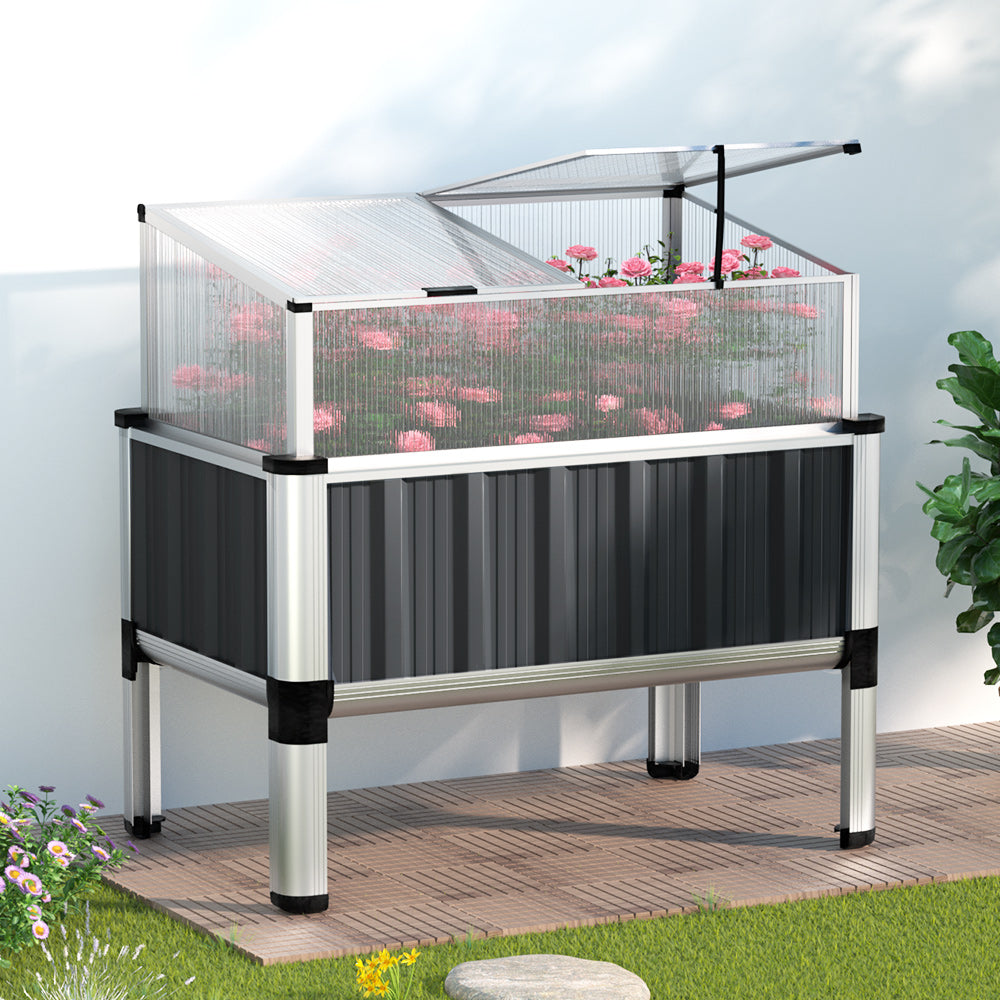 Green Fingers Garden Bed 80x49x74cm Greenhouse Planter Box Raised Galvanised Herb GARDEN-ALU-80-ROOF