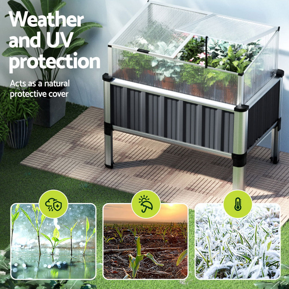 Green Fingers Raised Garden Bed x2 80x49x74cm Greenhouse Planter Box Galvanised Herb GARDEN-ALU-80-ROOFX2