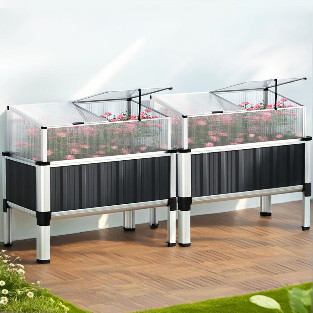 Green Fingers Raised Garden Bed x2 80x49x74cm Greenhouse Planter Box Galvanised Herb GARDEN-ALU-80-ROOFX2