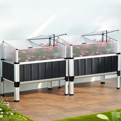 Green Fingers Raised Garden Bed x2 80x49x74cm Greenhouse Planter Box Galvanised Herb GARDEN-ALU-80-ROOFX2