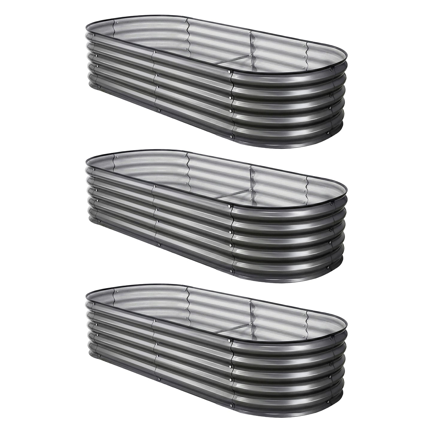 Green Fingers 3 Pcs Raised Garden Bed Kit Oval Galvanized Steel Planter Boxes 160x80x42cm, Heavy Duty Metal GARDEN-OVAL-1608042X3