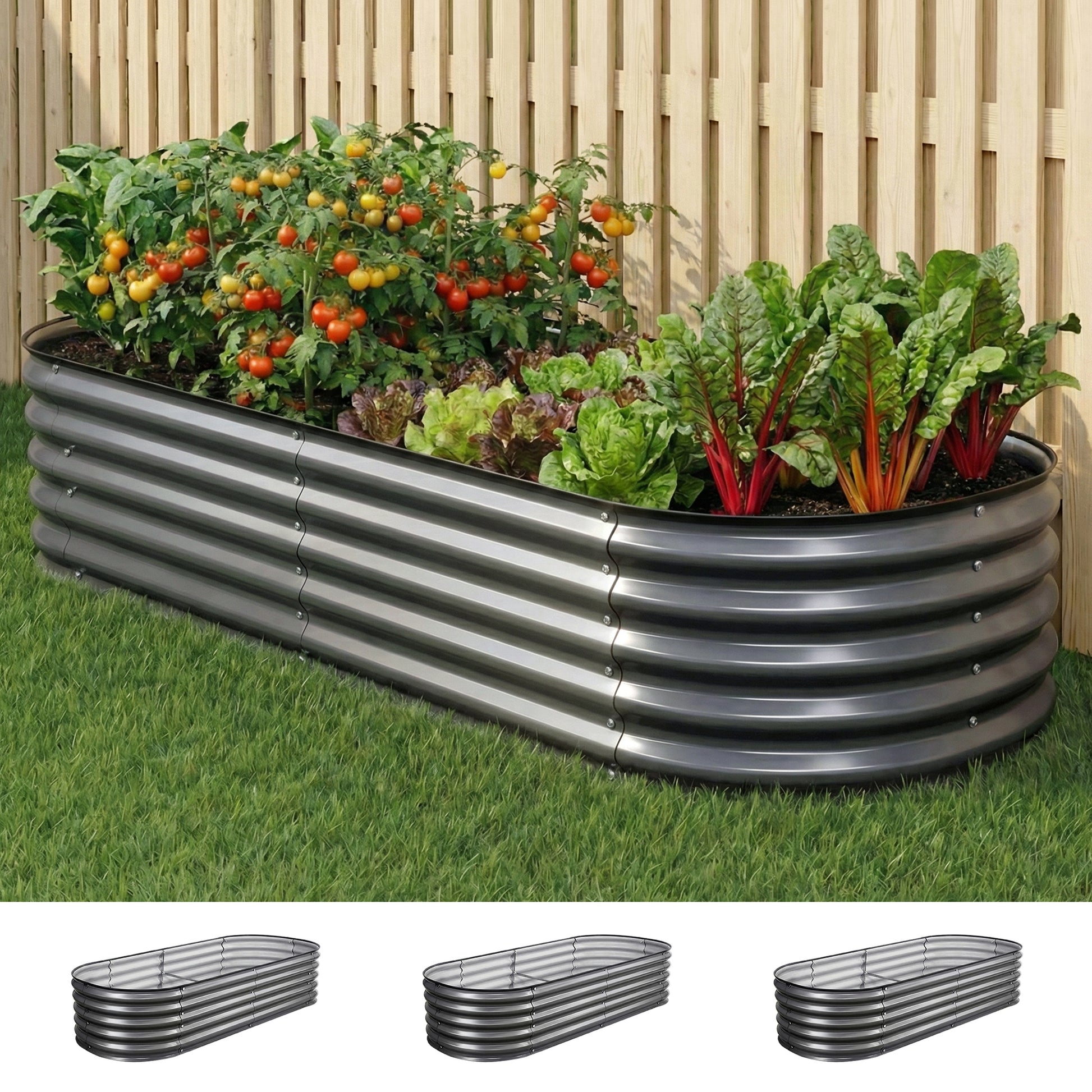 Green Fingers 3 Pcs Raised Garden Bed Kit Oval Galvanized Steel Planter Boxes 160x80x42cm, Heavy Duty Metal GARDEN-OVAL-1608042X3