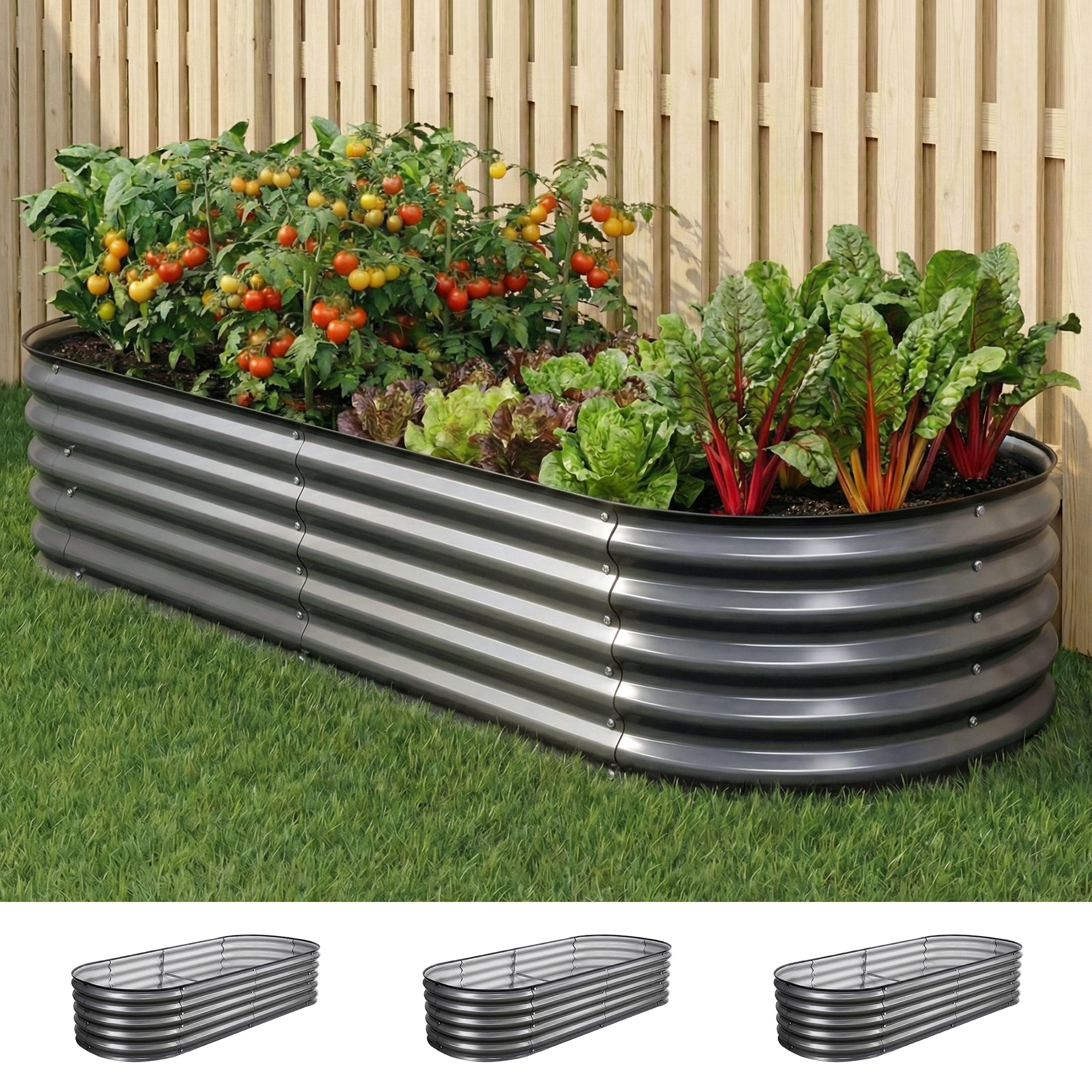 Green Fingers 3 Pcs Raised Garden Bed Kit Oval Galvanized Steel Planter Boxes 160x80x42cm, Heavy Duty Metal GARDEN-OVAL-1608042X3