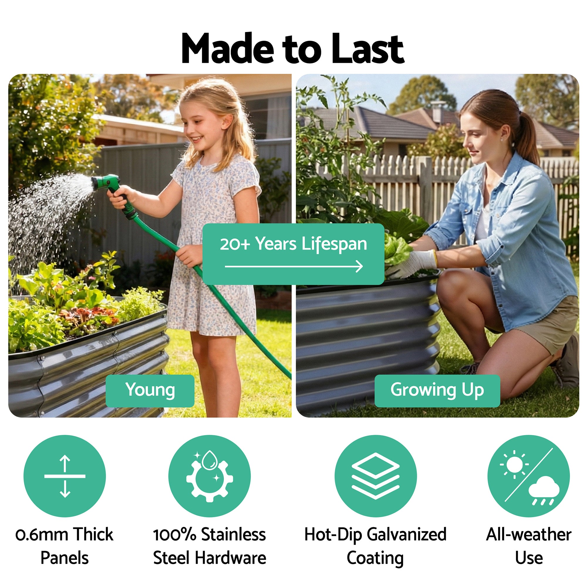 Green Fingers 4 Pcs Raised Garden Bed Kit Oval Galvanized Steel Planter Boxes 160x80x42cm, Heavy Duty Metal GARDEN-OVAL-1608042X4