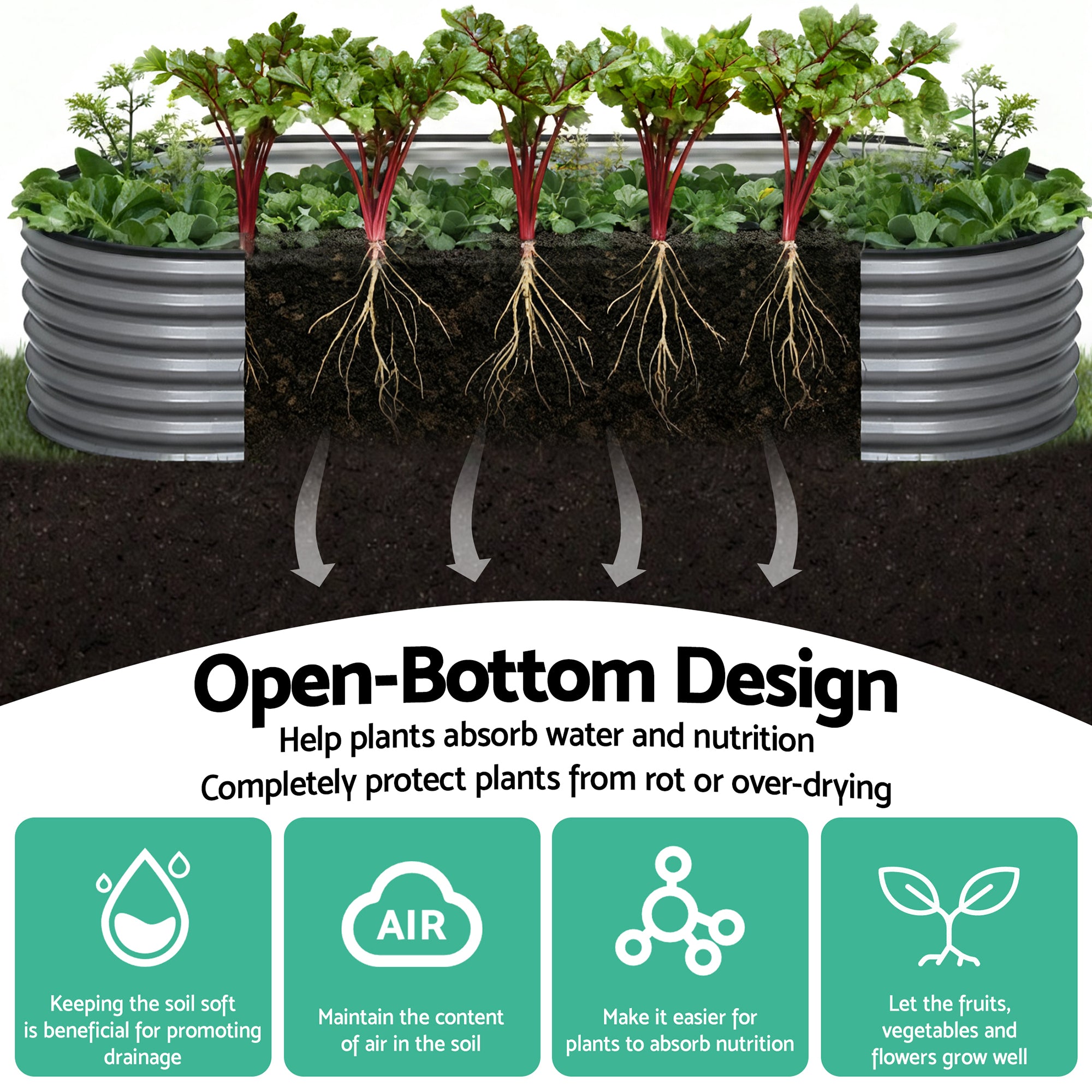 Green Fingers 4 Pcs Raised Garden Bed Kit Oval Galvanized Steel Planter Boxes 160x80x42cm, Heavy Duty Metal GARDEN-OVAL-1608042X4