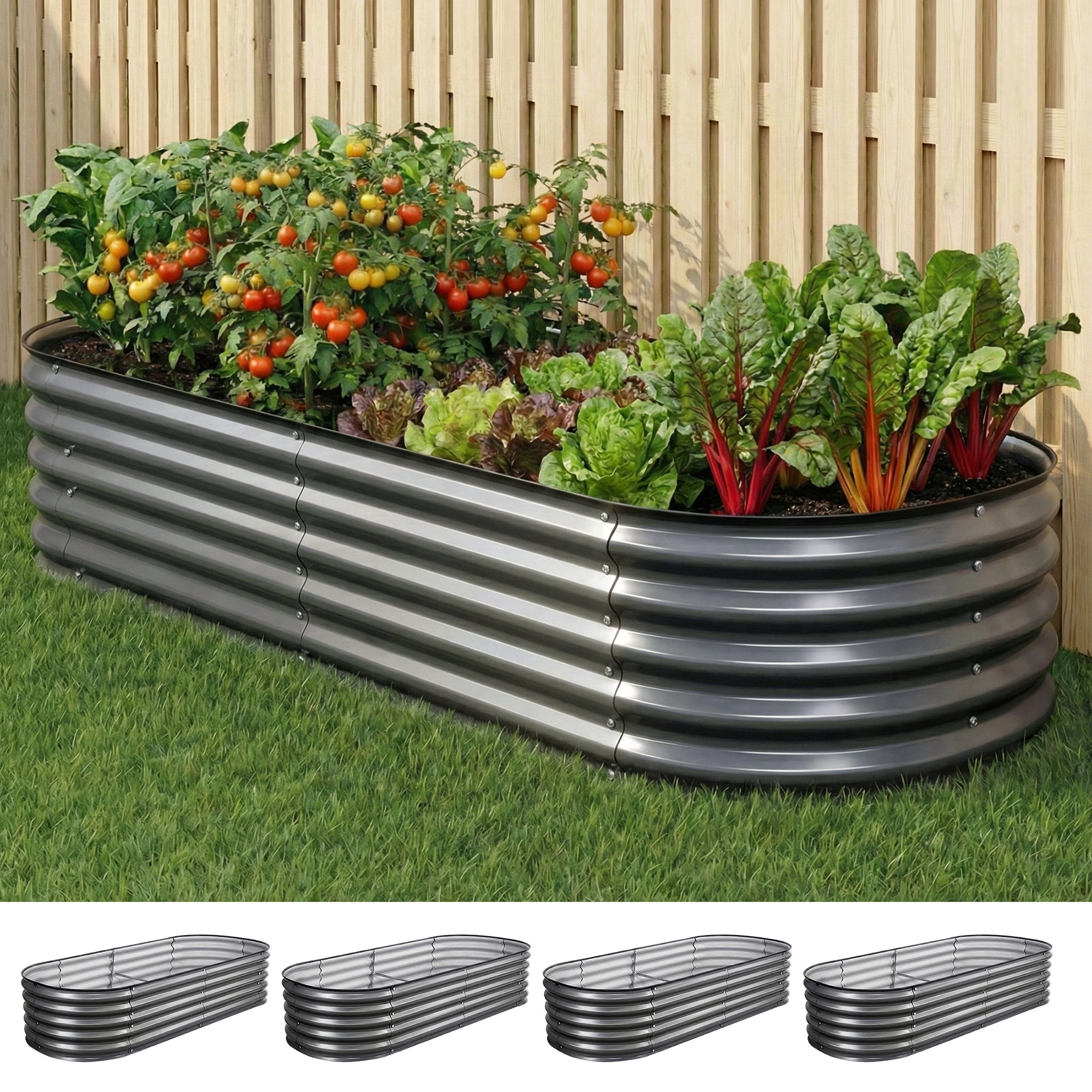 Green Fingers 4 Pcs Raised Garden Bed Kit Oval Galvanized Steel Planter Boxes 160x80x42cm, Heavy Duty Metal GARDEN-OVAL-1608042X4
