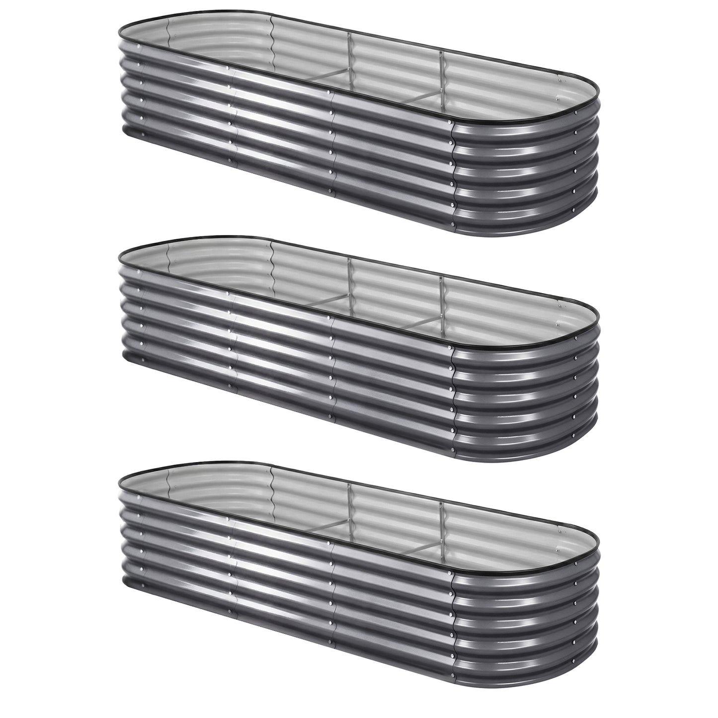 Green Fingers 3 Pcs Raised Garden Bed Kit Oval Galvanized Steel Planter Boxes 240x80x42cm, Heavy Duty Metal GARDEN-OVAL-2408042X3