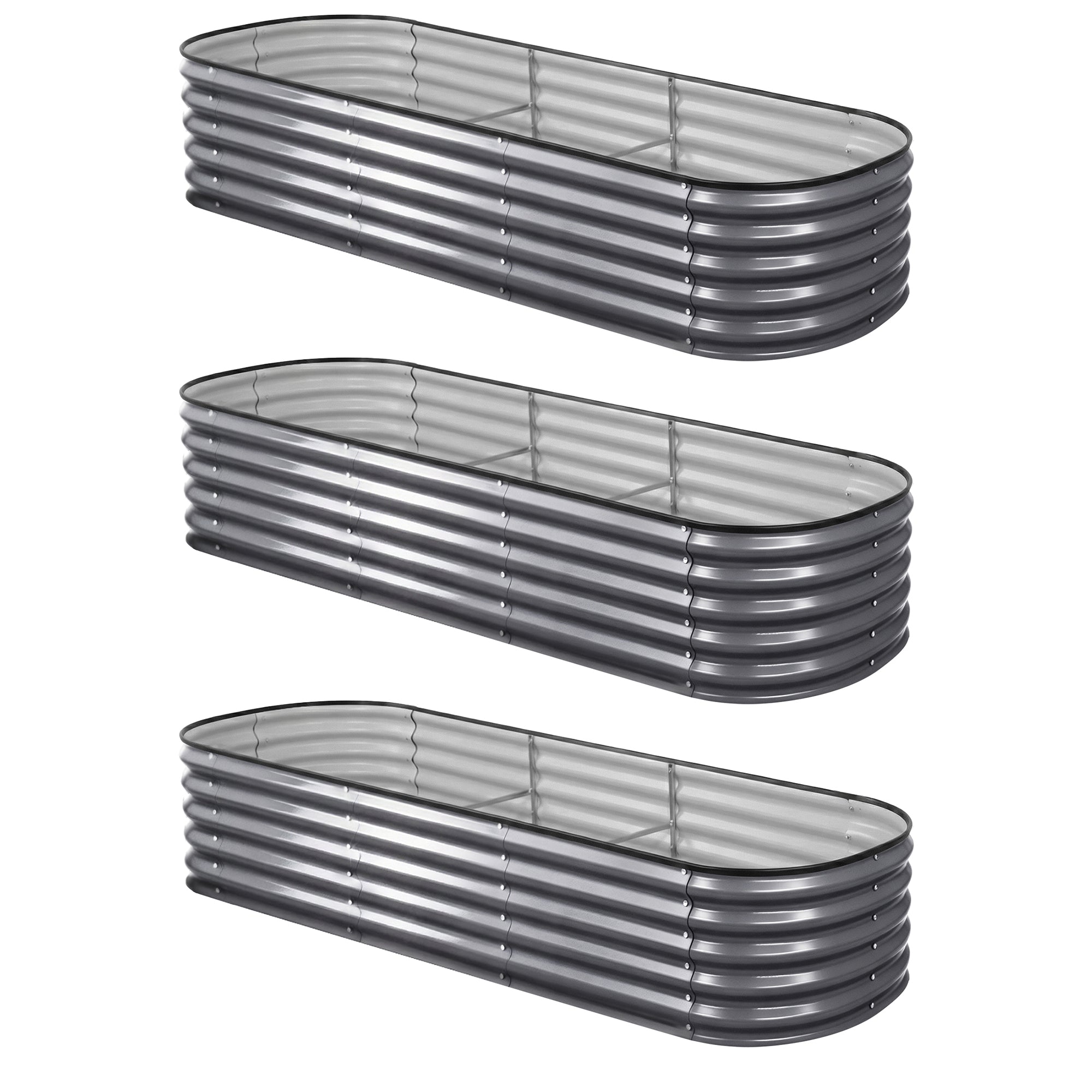 Green Fingers 3 Pcs Raised Garden Bed Kit Oval Galvanized Steel Planter Boxes 240x80x42cm, Heavy Duty Metal GARDEN-OVAL-2408042X3