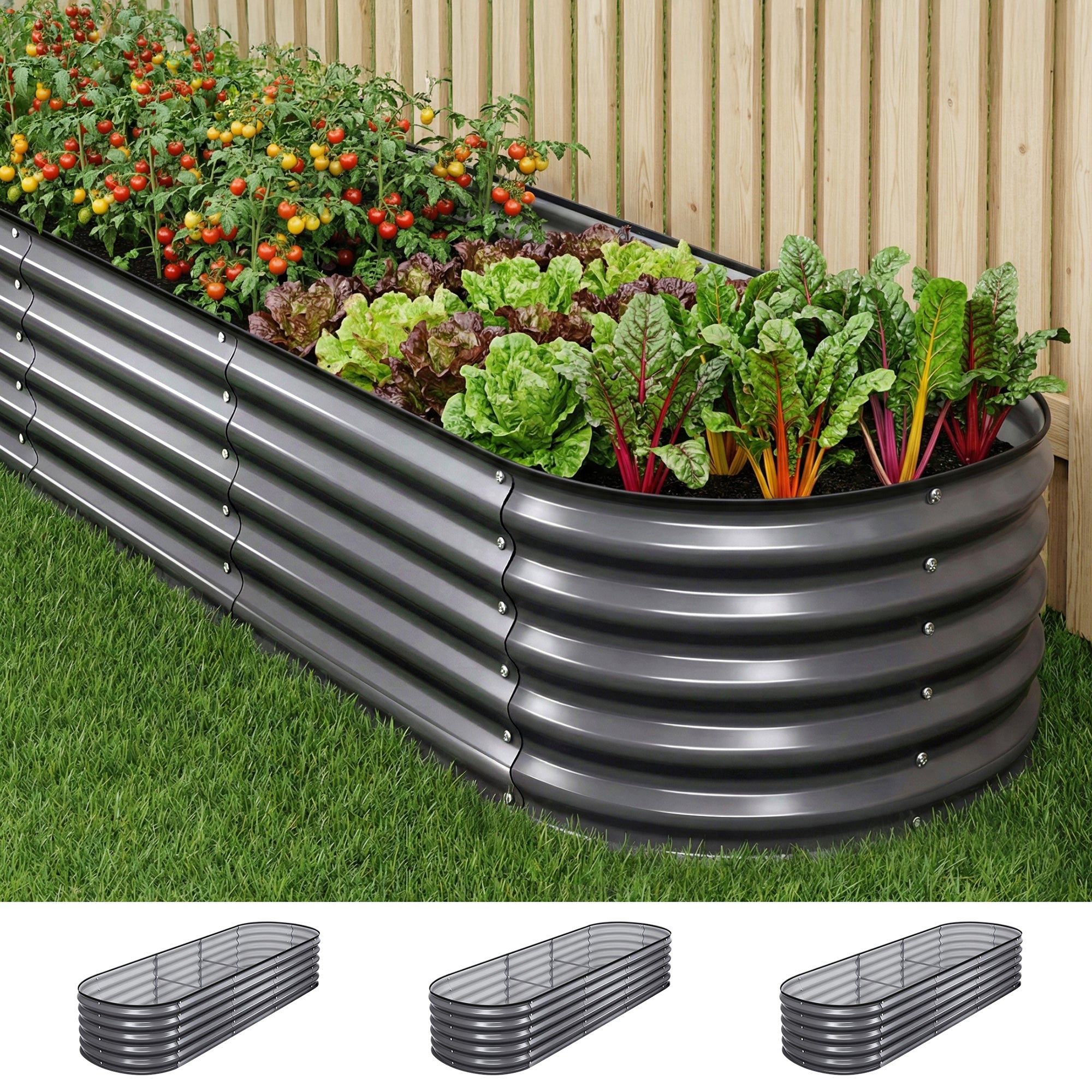Green Fingers 3 Pcs Raised Garden Bed Kit Oval Galvanized Steel Planter Boxes 240x80x42cm, Heavy Duty Metal GARDEN-OVAL-2408042X3