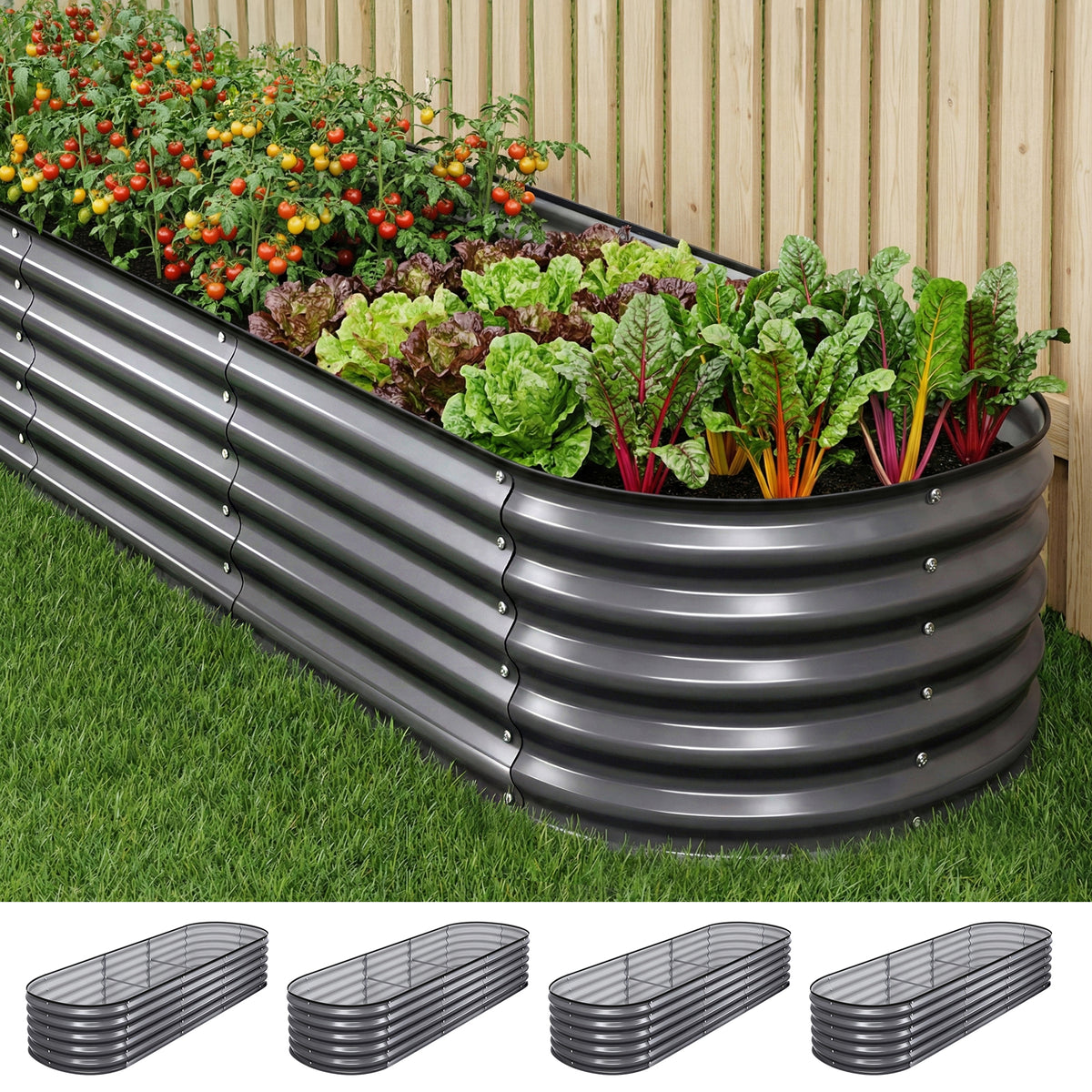 Green Fingers 4 Pcs Raised Garden Bed Kit Oval Galvanized Steel Planter Boxes 240x80x42cm, Heavy Duty Metal GARDEN-OVAL-2408042X4