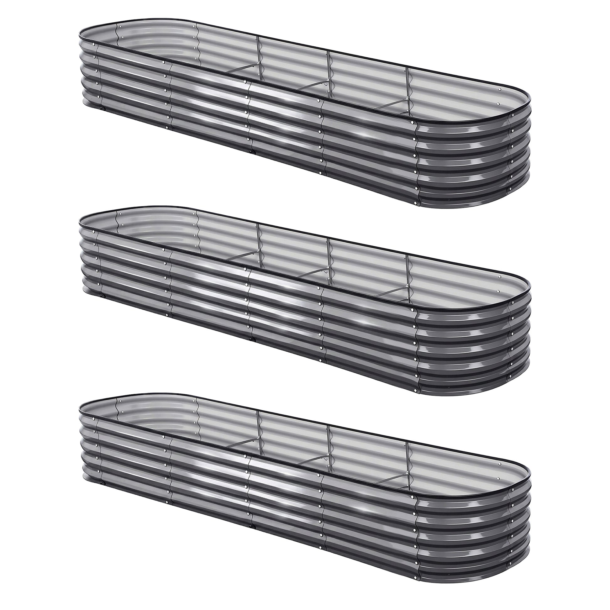 Green Fingers 3 Pcs Raised Garden Bed Kit Oval Galvanized Steel Planter Boxes 320x80x42cm, Heavy Duty Metal GARDEN-OVAL-3208042X3