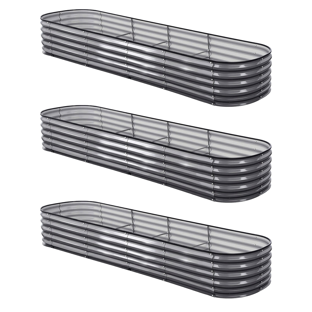 Green Fingers 3 Pcs Raised Garden Bed Kit Oval Galvanized Steel Planter Boxes 320x80x42cm, Heavy Duty Metal GARDEN-OVAL-3208042X3