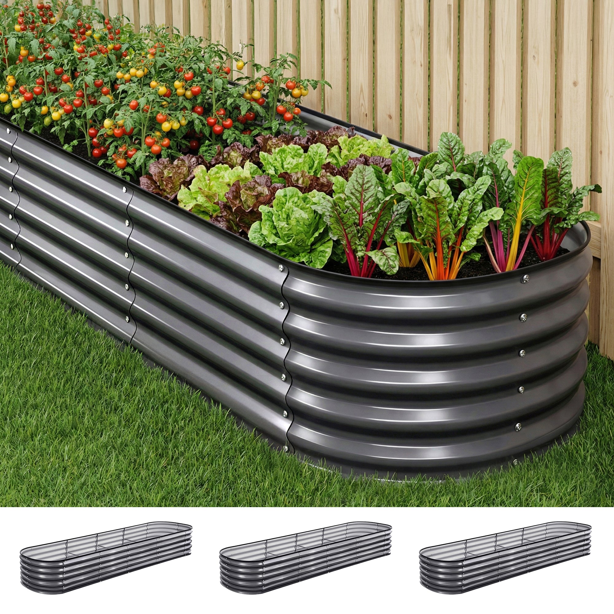 Green Fingers 3 Pcs Raised Garden Bed Kit Oval Galvanized Steel Planter Boxes 320x80x42cm, Heavy Duty Metal GARDEN-OVAL-3208042X3