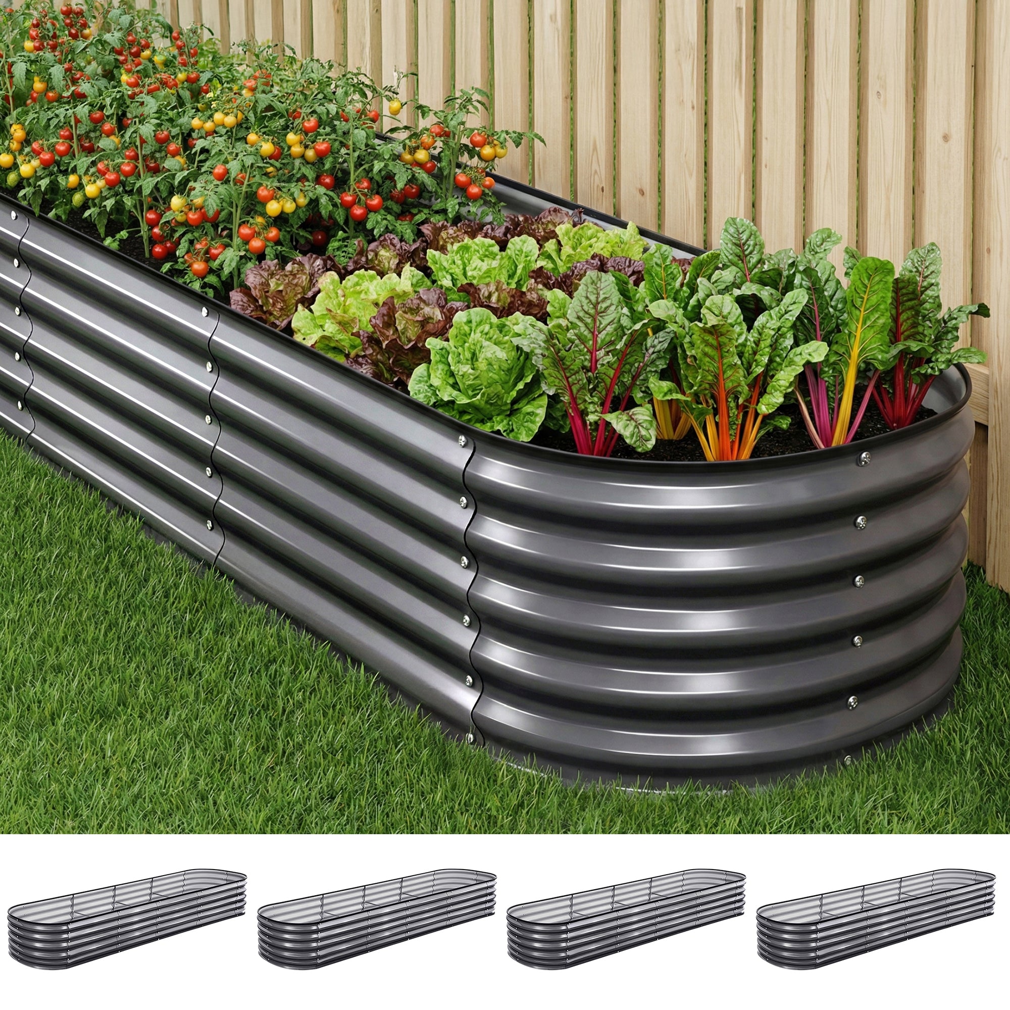 Green Fingers 4 Pcs Raised Garden Bed Kit Oval Galvanized Steel Planter Boxes 320x80x42cm, Heavy Duty Metal GARDEN-OVAL-3208042X4