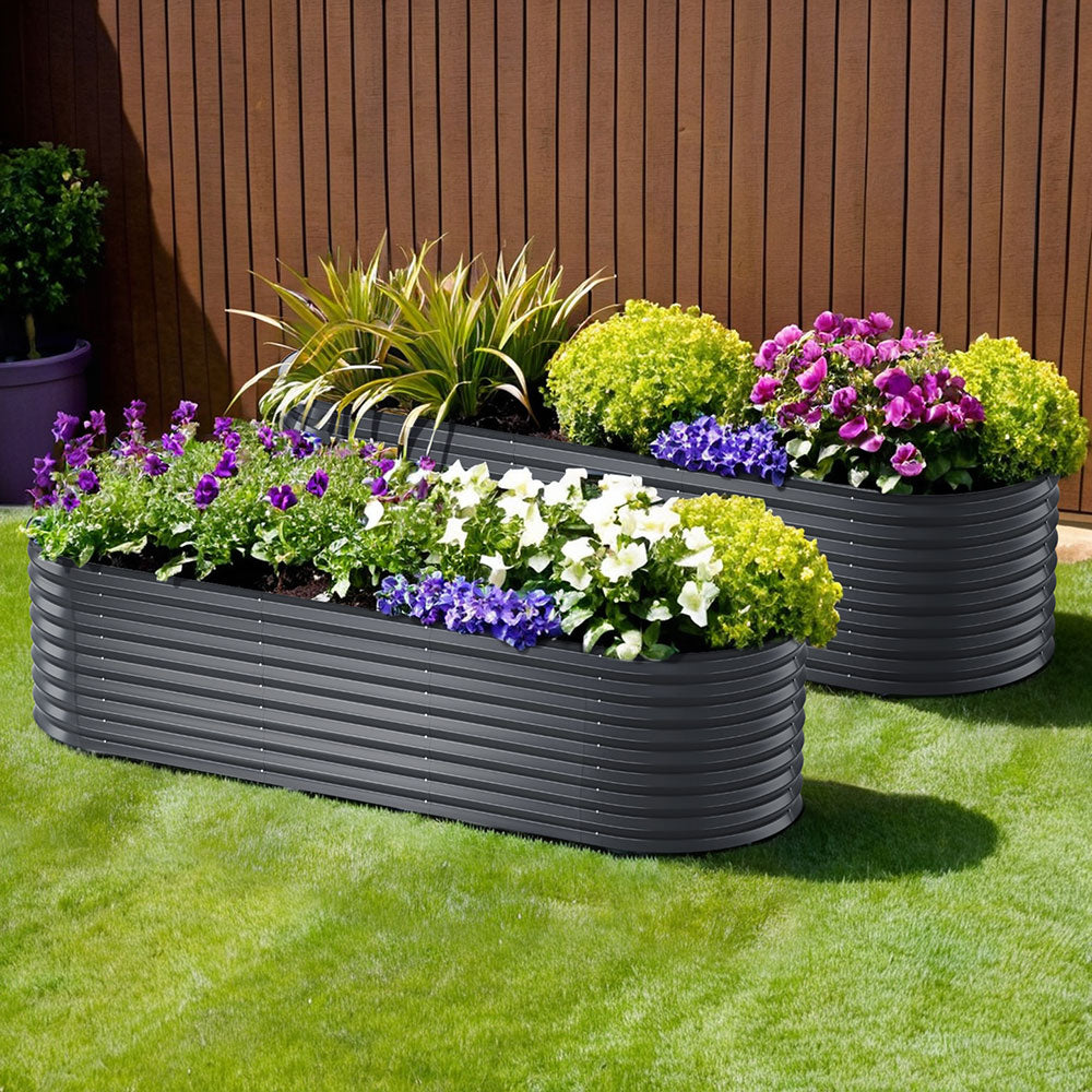 x2 Green Fingers Raised Garden Bed Kit Planter Oval Galvanised Steel 240cmX80cmX56cm GARDEN-OVAL-AG-2408056X2