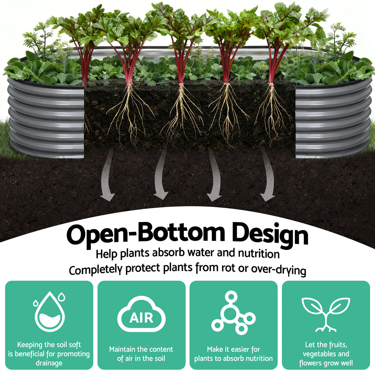 Green Fingers 3 Pcs Raised Garden Bed Kit Oval Galvanized Steel Planter Boxes 240x80x56cm, Heavy Duty Metal GARDEN-OVAL-AG-2408056X3