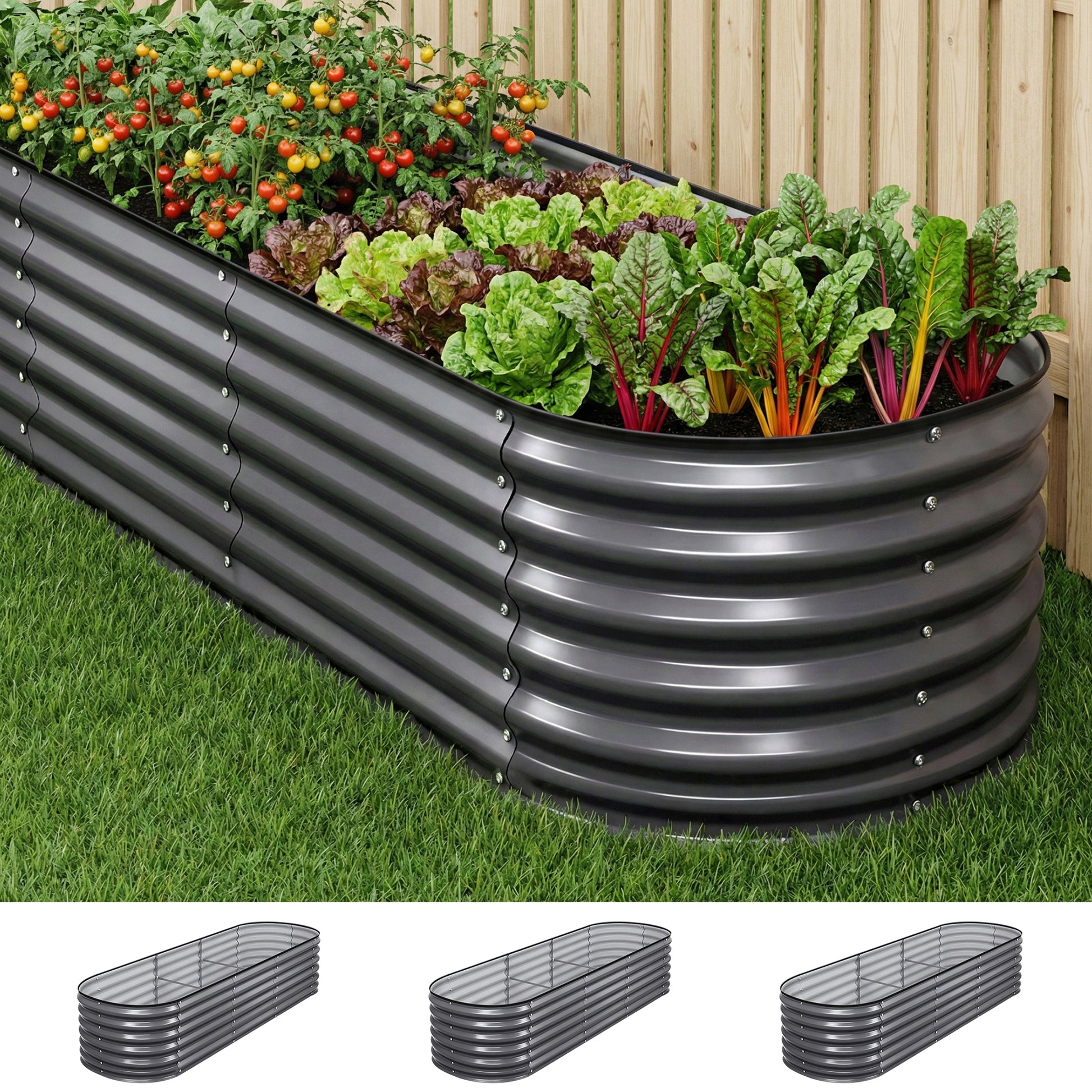 Green Fingers 3 Pcs Raised Garden Bed Kit Oval Galvanized Steel Planter Boxes 240x80x56cm, Heavy Duty Metal GARDEN-OVAL-AG-2408056X3