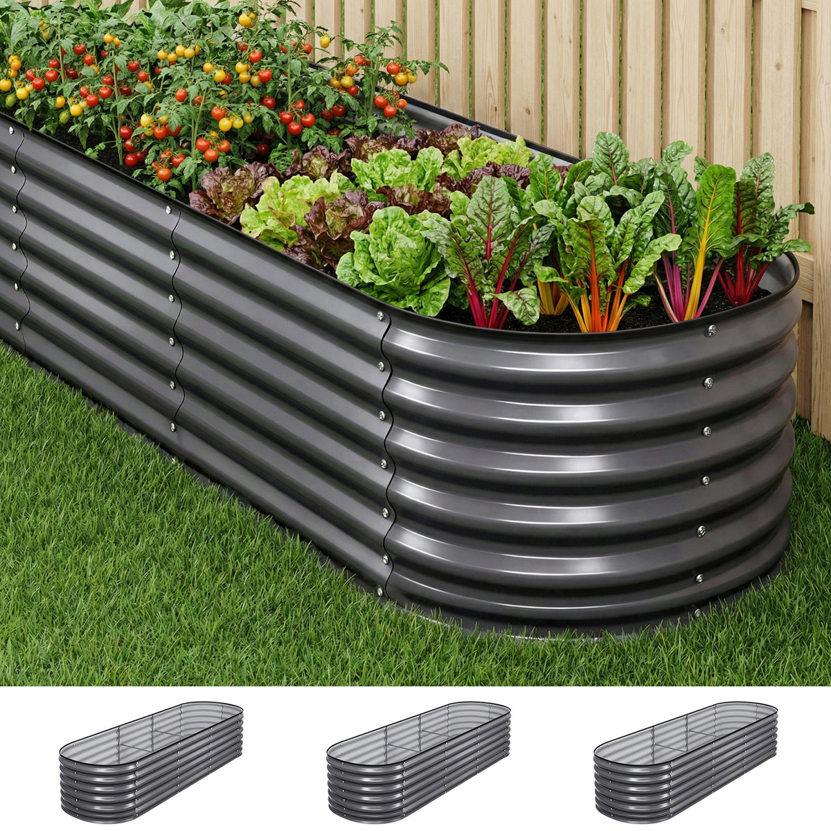Green Fingers 3 Pcs Raised Garden Bed Kit Oval Galvanized Steel Planter Boxes 240x80x56cm, Heavy Duty Metal GARDEN-OVAL-AG-2408056X3