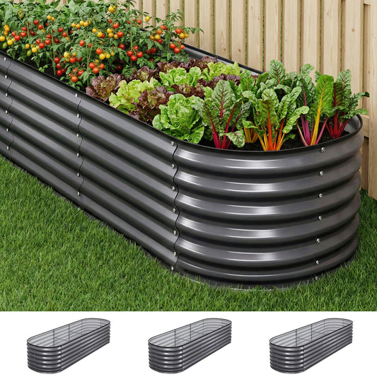 Green Fingers 3 Pcs Raised Garden Bed Kit Oval Galvanized Steel Planter Boxes 240x80x56cm, Heavy Duty Metal GARDEN-OVAL-AG-2408056X3