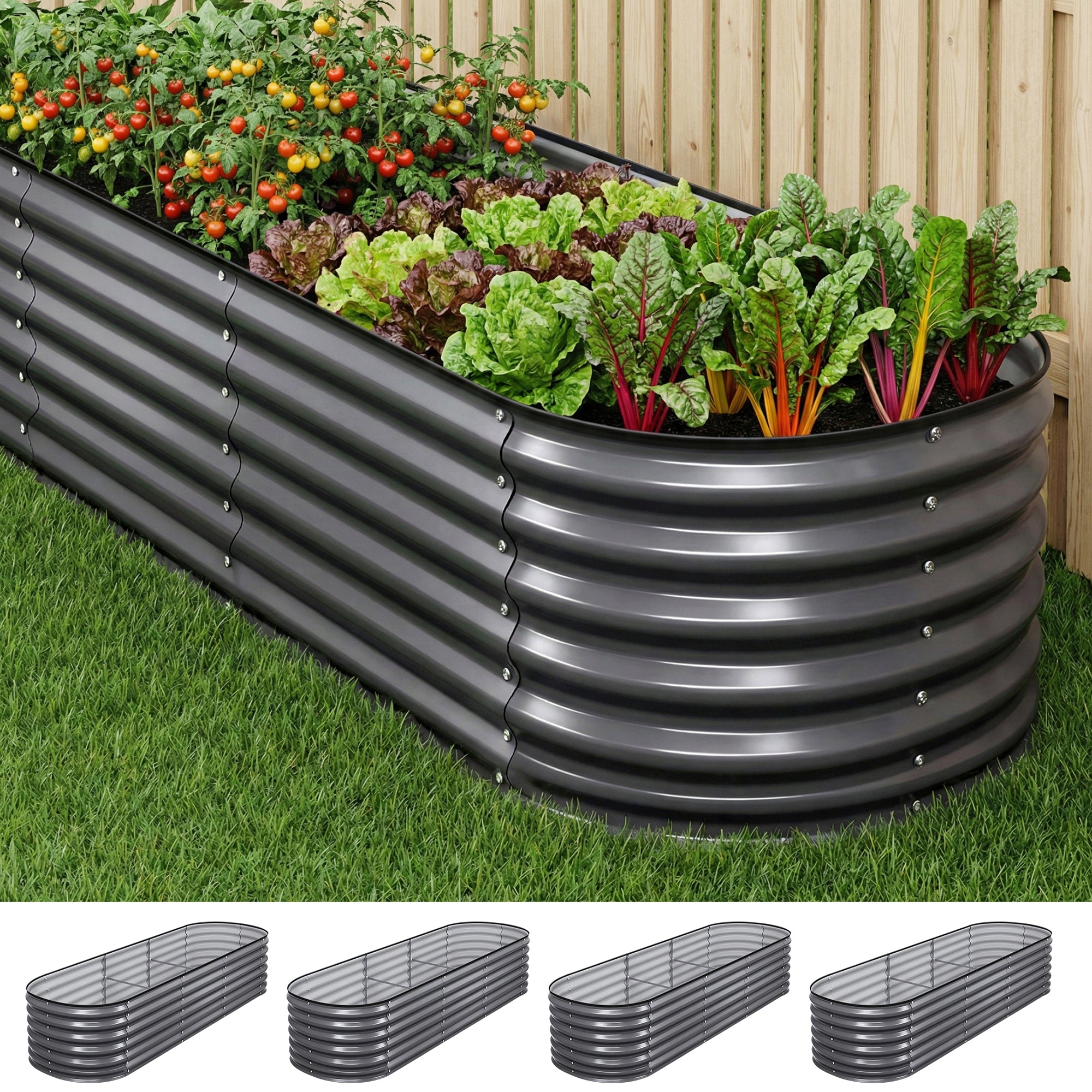 Green Fingers 4 Pcs Raised Garden Bed Kit Oval Galvanized Steel Planter Boxes 240x80x56cm, Heavy Duty Metal GARDEN-OVAL-AG-2408056X4