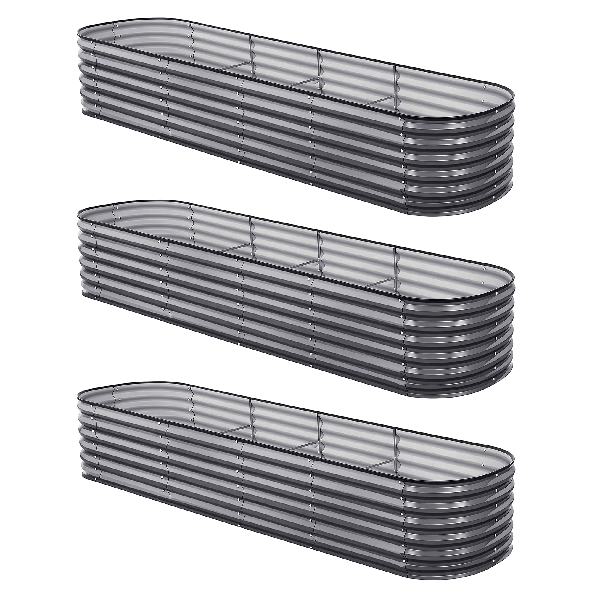 Green Fingers 3 Pcs Raised Garden Bed Kit Oval Galvanized Steel Planter Boxes 320x80x56cm, Heavy Duty Metal GARDEN-OVAL-AG-3208056X3