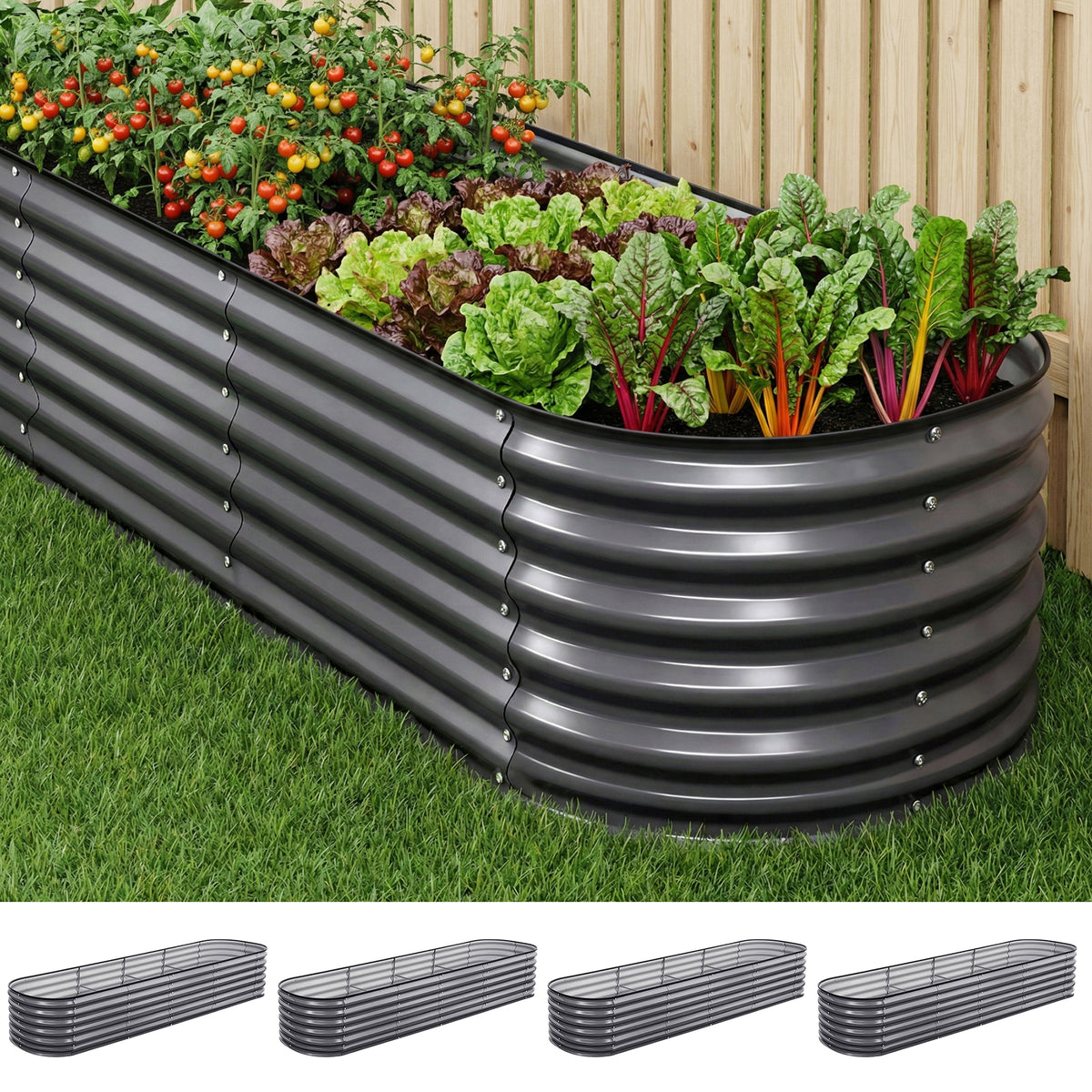 Green Fingers 4 Pcs Raised Garden Bed Kit Oval Galvanized Steel Planter Boxes 320x80x56cm, Heavy Duty Metal GARDEN-OVAL-AG-3208056X4