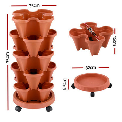 Green Fingers Raised Garden Bed 5 Tier Vertical Garden Brick Red Strawberry Stackable Planters Herbs Petunias GARDEN-PLASTIC-25L-BR