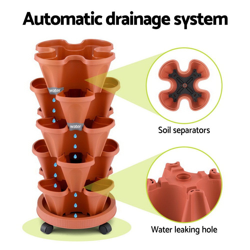 Green Fingers Raised Garden Bed 5 Tier Vertical Garden Brick Red Strawberry Stackable Planters Herbs Petunias GARDEN-PLASTIC-25L-BR