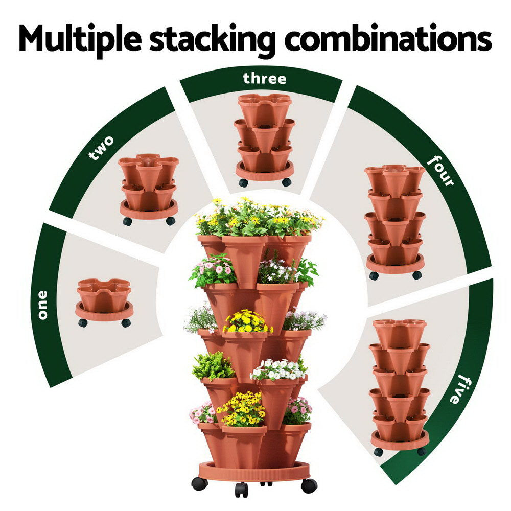 Green Fingers Raised Garden Bed 5 Tier Vertical Garden Brick Red Strawberry Stackable Planters Herbs Petunias GARDEN-PLASTIC-25L-BR