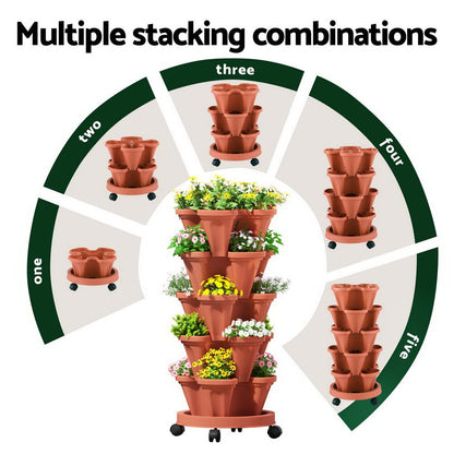 Green Fingers Raised Garden Bed 5 Tier Vertical Garden Brick Red Strawberry Stackable Planters Herbs Petunias GARDEN-PLASTIC-25L-BR
