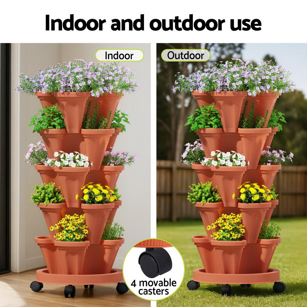 Green Fingers Raised Garden Bed 5 Tier Vertical Garden Brick Red Strawberry Stackable Planters Herbs Petunias GARDEN-PLASTIC-25L-BR